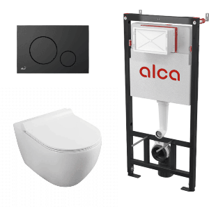 Set vas WC suspendat Fluminia Minerva Alb cu rezervor Alca si clapeta negru mat