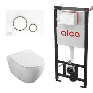 Set vas WC suspendat Fluminia Minerva Alb cu rezervor Alca si clapeta alb si auriu