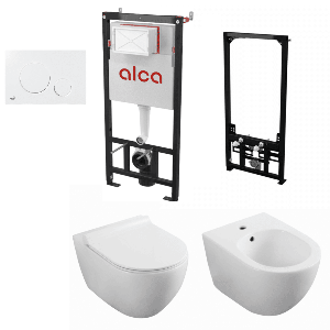 Set vas WC si bideu suspendat Fluminia Minerva cu rezervor, cadru si clapeta Alcadrain Alb