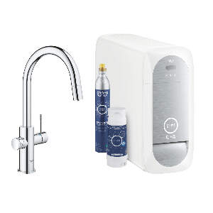 Baterie bucatarie Grohe Blue Home Duo cu dus extractibil pipa C sistem filtrare racire si carbonatare starter kit crom