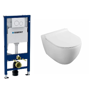Set rezervor Geberit Delta Duofix cu vas WC suspendat Fluminia Minerva Alb si clapeta alba