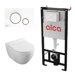 Set vas WC suspendat Fluminia Minerva Alb cu rezervor Alcadrain si clapeta alb si auriu