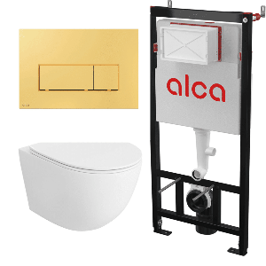 Set vas WC suspendat Matilda Alb cu rezervor Alcadrain si clapeta Auriu M575
