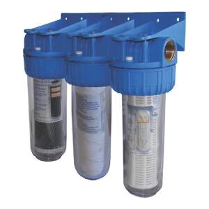 Filtre de apa TITAN 3 x 10” cu ½” in linie pentru filtrare mecanica cu 3 cartuse filtrante - nylon + polipropilena + carbune activ
