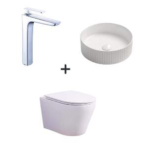 Set vas wc rimless cu capac soft close, lavoar baie rotund alb, ventil inclus si baterie chiuveta Foglia