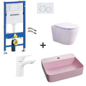 Set vas wc rimless cu capac soft close, lavoar baie roz mat, baterie si rezervor wc cu clapeta alba
