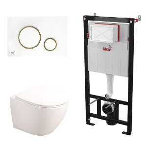 Set complet vas WC suspendat Fluminia, Alfonzo, alb, cu rezervor Alca și clapetă alb și auriu