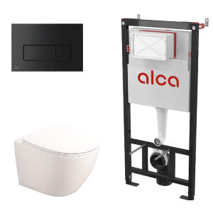 Set complet vas WC suspendat, Fluminia, Alfonzo, cu rezervor Alcadrain și clapetă neagră